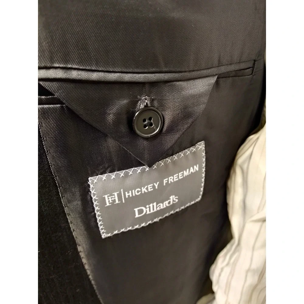 Hickey Freeman Mens Black Pinstripe Worsted Wool Sport Coat Blazer 42L Jacket